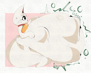abdominal_bulge ambiguous_gender anthro anthro_pred bell belly big_belly big_butt breasts butt collar digestion female female/ambiguous female_pred imprint nude overweight overweight_anthro overweight_female rumbling_stomach simple_background size_difference smaller_pred solo sound_effects tail text thick_thighs vore white_body zazz_(artist) dandadan turbo_granny_(dandadan) felid feline mammal 5:4 digital_media_(artwork) hi_res