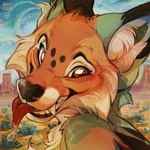 ambiguous_gender anthro bodily_fluids cheek_tuft chest_tuft desert detailed_background drooling facial_tuft fur inner_ear_fluff looking_at_viewer markings nude_anthro plant saliva sharp_teeth sky smile solo spots spotted_body spotted_fur teeth tongue tongue_out tuft coddybarks canid canine canis coyote mammal 1:1 2025 digital_media_(artwork) headshot_portrait portrait signature