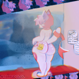 animal_ears anthro body_fur butt female hair hand_on_hip nude pink_hair purple_ears rear_view short_hair small_waist solo standing tail thick_thighs wide_hips terrudolol 1:1 full-length_portrait hi_res portrait