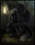 4_toes ambiguous_gender anthro bead black_body black_claws black_feathers black_fur black_nose bracelet claws crouching detailed_background digitigrade feathered_wings feathers feet female forest fungus fur glowing grass grey_body grey_fur inner_ear_fluff jewelry lamp lantern long_mouth melee_weapon mushroom nature necklace night nude outside plant polearm snout solo staff tail tassels toe_claws toes tree tuft weapon white_body white_fur wings wood yellow_eyes tina_leyk canid canine fox mammal 2010