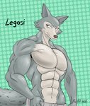 abs anthro athletic athletic_anthro athletic_male biceps bottomwear clothed clothing countershade_face countershade_torso countershading fur grey_body grey_bottomwear grey_clothing grey_fur hand_on_hip looking_at_viewer male muscular muscular_anthro muscular_male pecs smile solo topless topless_male jessquik beastars legoshi_(beastars) canid canine canis mammal wolf 2020 digital_media_(artwork) hi_res