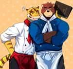 anthro apron arms_bent arms_in_front arms_together bar_emanata bent_arm biceps blue_eyes blush clothed clothing cloud crossed_arms duo emanata eyebrows fur happy holding_menu holding_object love male male/male menu muscular muscular_male pecs pink_nose romantic romantic_couple scarf service_menu stripes suit thick_eyebrows waiter bearlovestiger13 morenatsu juuichi_mikazuki torahiko_(morenatsu) bear felid mammal pantherine tiger 2016