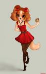 anthro clothed clothing dress female gift looking_at_viewer red_clothing red_dress simple_background solo coonkun pancake_puppy canid canine canis domestic_dog mammal hi_res