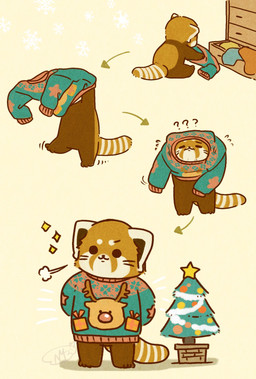 biped black_eyes black_nose brown_body chibi christmas_tree clothing dot_eyes feral holidays kemono plant question_mark simple_eyes sitting solo sweater topwear tree shi_nominmin christmas ailurid mammal red_panda 2023 hi_res
