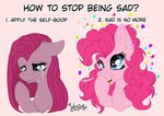 blue_eyes bodily_fluids boop chest_tuft curled_hair female feral fur hair happy how-to humor nose_boop pink_body pink_fur pink_hair poofy_hair positive_message sad self-boop simple_background solo straight_hair tears text tuft julunis14 friendship_is_magic hasbro my_little_pony pinkamena_(mlp) pinkie_pie_(mlp) earth_pony equid equine horse mammal pony 2022 absurd_res english_text hi_res