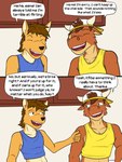 3:4 anthro apology asking asking_another asking_who backwards_baseball_cap backwards_hat baseball_cap blue_clothing blue_shirt blue_tank_top blue_topwear bovid bovine canid canine canis cattle clothing comic coyote crop_top dialogue duo english_text fuze hat headgear headwear hi_res laugh male mammal mond_reyes name_drop name_in_dialogue question shirt speech_bubble tag_question talking_to_another tank_top texnatsu text thanking topwear ty_conrad vocalization yellow_clothing yellow_shirt yellow_tank_top yellow_topwear yes-no_question