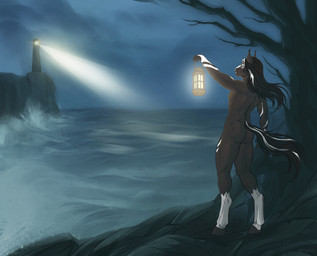 anthro butt casual_nudity fingers fur hair holding_lamp holding_object hooves lamp lighthouse male night nude outdoor_nudity outside plant sea solo standing tail tree water tvard equid equine horse mammal digital_media_(artwork) hi_res