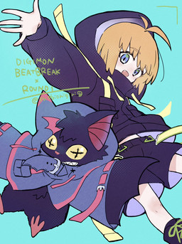 anthro black_body black_fur blonde_hair blue_eyes cloak clothing cowl duo fur hair hooded_jacket male wings yellow_eyes ebiebionigiri bandai_namco digimon digimon_beatbreak makoto_kuonji chiropmon digimon_(species) human mammal hi_res