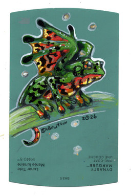 ambiguous_gender black_body branch feral green_body membrane_(anatomy) membranous_wings orange_body orange_eyes paint_sample_card perching solo tail text wings heather_bruton amphibian archaeobatrachian fire-bellied_toad frog toad_(frog) 2026 acrylic_painting_(artwork) colored_pencil_(artwork) english_text low_res marker_(artwork) painting_(artwork) traditional_media_(artwork) traditional_painting_(artwork)