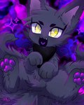 3_fingers 3_toes :3 abstract_background ambiguous_gender biped black_body black_ears black_fur black_kerchief black_neckerchief black_tail blue_fire blush cheek_tuft colored_fire crotch_tuft cute_fangs digitigrade eye_markings eyelashes facial_tuft featureless_crotch feet feral fingers fire fluffy fluffy_tail front_view fur glistening glistening_pawpads head_tuft heart_in_mouth heart_symbol hindpaw kemono kerchief looking_at_viewer markings monotone_body monotone_fur monotone_tail multi_tail neckerchief open_:3 open_mouth open_smile pawpads paws pupils purple_inner_ear purple_markings purple_pawpads semi-anthro sitting smile solo spread_legs spreading tail thick_fur toes tuft white_pupils yellow_eyes mekkyaru canid canine fox mammal 2023 4:5 colored digital_media_(artwork) full-length_portrait hi_res portrait shaded signature