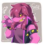 4_fingers armband blush bracelet chalk claws clothed clothing female fingers freckles gesture hair jewelry long_hair looking_at_viewer pink_hair sharp_teeth simple_background solo spiked_armband spiked_bracelet spikes teeth text waving yellow_sclera yellow_teeth eromame deltarune undertale_(series) susie_(deltarune) lizard reptile scalie 2018 english_text signature