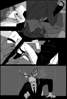 anthro anthro_on_anthro bottomless business_suit cigarette clothed clothing duo erection eyes_closed fellatio genital_danger_play genitals head_in_crotch interspecies looking_pleasured male male/male necktie oral penile penis predator/prey scar sex smoking stealth_sex suit topless under_table nekokat42 beastars legoshi_(beastars) louis_(beastars) canid canine canis cervine deer mammal red_deer wolf absurd_res comic greyscale hi_res monochrome