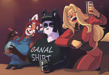 5_fingers annoyed anthro arm_support bare_shoulders beverage big_breasts black_body black_fur black_hair blonde_hair blue_eyes blush bodily_fluids breasts brown_body brown_eyes brown_fur clothed clothing colored_nails drunk fangs female fingers fur glass green_eyes group hair holding_beverage holding_glass holding_object huge_breasts inner_ear_fluff jumpsuit leaning_on_elbow long_hair looking_at_another marker midriff multicolored_body multicolored_fur multicolored_hair nails open_mouth open_smile red_hair saliva shirt smile substance_intoxication sweater t-shirt tears teeth text text_on_clothing text_on_shirt text_on_topwear topwear trio tuft two_tone_body two_tone_fur two_tone_hair white_body white_fur white_hair white_nails writing_utensil yellow_body yellow_fur skecchiart eldora_(skecchiart) lei_(skecchiart) nuan_(skecchiart) ailurid bear canid canine canis domestic_dog giant_panda mammal red_panda 2021 english_text hi_res signature