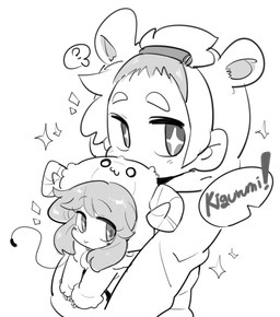 :> ambiguous_gender blush clothed clothing costume dialogue duo female fursuit hair hoodie long_tail micro noseless offscreen_character pupils question_mark short_hair side_view simple_background size_difference smile speech_bubble suspension tail text topwear unusual_pupils white_background white_pupils doppel moni_(nimonichi) animal_humanoid human humanoid mammal mammal_humanoid mouse_humanoid murid murid_humanoid murine murine_humanoid rodent rodent_humanoid black_and_white character_request english_text monochrome