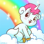 :3 blue_body blush cloud daww feral hair happy hooves horn looking_at_viewer male mane pink_hair pink_mane rainbow smile solo christymakesart mythology osamu_tezuka sanrio unico_(series) unico equid equine mammal mythological_creature mythological_equine unicorn 1:1 2021 absurd_res digital_media_(artwork) hi_res signature