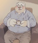 4_fingers anthro blue_dress_shirt blush bottomwear claws clothed clothing container cup double_chin dress_shirt eyes_closed eyewear fangs fingers fully_clothed fur furniture glasses grey_bottomwear grey_claws grey_clothing grey_pants hair male monotone_body monotone_fur on_sofa open_mouth open_smile overweight overweight_anthro overweight_male pants paws pince-nez relaxed_expression relaxing shirt sitting smile sofa solo teeth topwear white_body white_fur white_hair garouzuki bear mammal polar_bear ursine 2024 hi_res