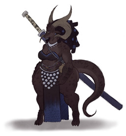 4_horns anthro belt black_hair breasts brown_body brown_scales cleavage clothed clothing curvy_figure digitigrade dreadlocks ear_piercing eyeshadow female hair horn jewelry long_hair makeup markings mature_anthro mature_female medium_breasts melee_weapon midriff multi_horn navel necklace nipple_outline non-mammal_breasts non-mammal_navel osteoderms pelvic_curtain piercing pouch_(clothing) scales sheathed_sword sheathed_weapon smile solo spots spotted_body spotted_scales sword tail thick_thighs topwear tube_top ventral_scales weapon wide_hips itzjaylock lizard reptile scalie hi_res