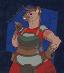 anthro armor clothing ear_piercing ear_ring engineer_(profession) female looking_at_viewer multiple_piercings overalls piercing ring_piercing shoulder_armor solo spots teeth teeth_showing tools work_uniform wrench to_maks2137 hyena mammal spotted_hyena hi_res