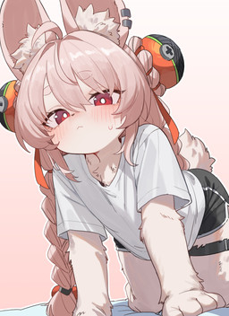 ahoge all_fours anthro black_bottomwear black_clothing black_shorts blush bodily_fluids bottomwear braided_pigtails clothed clothed_anthro clothed_female clothing ear_piercing ear_ring female flat_chested fully_clothed fully_clothed_anthro fully_clothed_female fur hair inner_ear_fluff kneeling piercing pink_body pink_fur pink_hair red_eyes ring_piercing scut_tail shirt short_tail shorts simple_background solo sweat tail topwear tuft white_background white_clothing white_shirt white_topwear hyeoning mihoyo zenless_zone_zero zhao_(zenless_zone_zero) lagomorph leporid mammal rabbit thiren 2026 hi_res