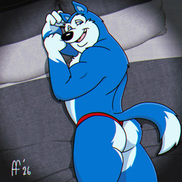 anthro bed black_nose blue_body blue_eyes blue_fur butt clothed clothing dipstick_tail fur fur_markings furniture gloves_(marking) male markings multicolored_body multicolored_fur on_bed open_mouth open_smile pink_tongue red_clothing red_thong red_underwear smile solo tail tail_markings thong thong_only tongue topless topless_anthro topless_male two_tone_body two_tone_fur underwear underwear_only white_body white_fur white_tail_tip fabfelipe road_rovers exile_(road_rovers) canid canine canis domestic_dog husky mammal nordic_sled_dog spitz 1:1 2026 hi_res