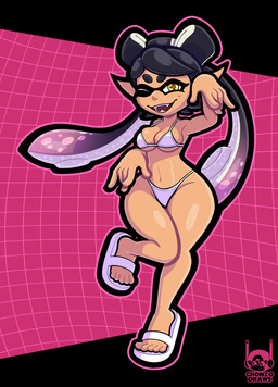 5_fingers 5_toes bikini black_hair breasts clothed clothing cross_pupils facial_markings feet female fingers footwear hair head_markings humanoid_pointy_ears light-skinned_female light_body light_skin long_hair looking_at_viewer markings mask_(marking) medium_breasts mole_(marking) mole_under_eye multicolored_hair navel not_furry one_eye_closed one_leg_up open_mouth open_smile pointy_ears pose pseudo_hair pupils purple_hair raised_leg sandals sharp_teeth shoes smile smiling_at_viewer solo swimwear symbol symbol-shaped_pupils teeth tentacle_hair tentacles text thick_thighs toes triangle_bikini two-piece_swimsuit two_tone_hair unusual_pupils white_bikini white_clothing white_swimwear wide_hips wink winking_at_viewer yellow_eyes chonzo nintendo splatoon callie_(splatoon) animal_humanoid aquatic aquatic_humanoid cephalopod cephalopod_humanoid humanoid inkling mammal mollusk mollusk_humanoid 2025 artist_name digital_drawing_(artwork) digital_media_(artwork) hi_res
