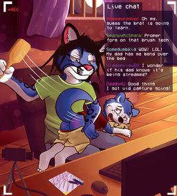 age_difference anthro bed blue_body blue_fur butt_slap camera camera_view computer duo electronics fur furniture male male/male night partial_nudity plushie recording size_difference slap spanking spanking_paddle text young young_anthro krimsomskaizo island_(character) milano_(island) felid feline mammal mustelid otter absurd_res english_text hi_res father_(lore) father_and_child_(lore) father_and_son_(lore) incest_(lore) parent_(lore) parent_and_child_(lore) parent_and_son_(lore) son_(lore)