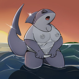anthro areola big_breasts bikini bikini_bottom biped breasts clothed clothing countershading dorsal_fin eyelashes eyes_closed female fin gills kneeling legs_in_water nipples non-mammal_breasts non-mammal_nipples open_mouth partially_submerged pose sea shirt slightly_chubby solo submerged_legs sunset swimwear tail thick_tail tongue tongue_out topwear two-piece_swimsuit water wet wet_clothing wet_shirt wet_topwear noodlestoat aquatic fish shark 1:1 2019 hi_res pinup
