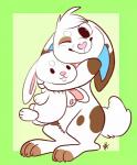<3 black_eyes blue_ears claws doll fluffy_tail green_background happy hindpaw hug lagomorph looking_at_viewer mammal melissar1 one_eye_closed patches paws plain_background rabbit smile spotted
Rating: Safe
Score: 4
User: stickypaws
Date: April 11, 2014