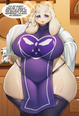 anthro big_breasts biped blush bodily_fluids breasts clothed clothing dialogue ellipsis eyebrows female fingers front_view fur horn huge_breasts huge_hips huge_thighs mature_anthro mature_female open_mouth overweight overweight_anthro overweight_female purple_eyes skimpy solo speech_bubble standing sweat text thick_thighs white_body white_fur wide_hips mleonheart undertale_(series) toriel bovid caprine goat mammal 2025 english_text hi_res