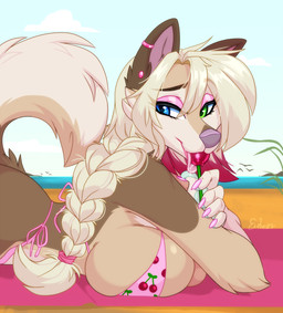 anthro beach bikini blonde_hair braided_hair candy clothing dessert female food hair heterochromia lollipop pointy_ears polka_dot_bikini prick_ears solo swimwear two-piece_swimsuit ei-ka reina_(ei-ka) canid canine canis domestic_dog fox german_shepherd herding_dog hybrid mammal pastoral_dog 2025 hi_res