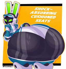 anthro big_breasts big_butt black_body blue_clothing blue_hat blue_headwear blue_leotard blue_tail border breasts butt clothing electronics empty_eyes eyelashes female footwear green_eyes green_inner_ear hat headgear headphones headset headwear huge_butt huge_thighs hyper hyper_butt leotard looking_at_viewer looking_back looking_back_at_viewer machine orange_background scut_tail shoes short_tail simple_background smile smiling_at_viewer solo tail text thick_thighs white_border white_clothing white_ears white_footwear white_headset white_shoes fromariels project_turboblast tempo_(project_turboblast) lagomorph leporid mammal rabbit robot robot_anthro 2026 absurd_res artist_name colored digital_media_(artwork) english_text hi_res shaded