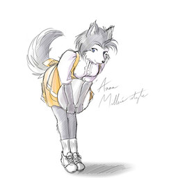 anthro bottomwear clothed clothing female holding_object holding_plate kemono looking_at_viewer plate skirt smile solo waiter waiter_suit yellow_bottomwear yellow_clothing yellow_skirt nejinoki anna_miller's canid canine canis domestic_dog husky mammal nordic_sled_dog spitz 1:1 2008 hi_res japanese_description