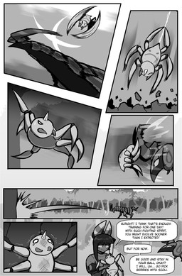 4_eyes ambiguous_gender arthropod_webbing biped bodily_fluids clothed clothed_humanoid clothed_male clothing defeated detailed_background dialogue feral fight forest group hair hair_bun headbutt long_hair male male_humanoid multi_eye outside pain plant quadruped size_difference speech_bubble sweat sweatdrop talking_to_another tears text tree trio wounded cuchuflin nintendo pokemon andre_(cuchuflin) spinny_(cuchuflin) generation_2_pokemon generation_5_pokemon humanoid pokemon_(species) scolipede spinarak 2026 absurd_res comic digital_drawing_(artwork) digital_media_(artwork) english_text greyscale hi_res monochrome
