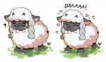 :3 ambiguous_gender black_hooves bleating blessed_image blush daww duo eyes_closed feral flower fluffy fur grass happy heart_nose heart_symbol hooves horizontal_pupils horn pigtails plant pupils question_mark simple_background smile standing text white_background white_body white_fur white_wool wool_(fur) foxlett nintendo pokemon bovid caprine generation_8_pokemon mammal pokemon_(species) wooloo 2017 artist_name digital_media_(artwork) english_text full-length_portrait portrait