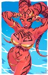 amber_eyes angry armlet big_breasts bikini bracelet breasts clenched_teeth clothing collarbone eyelashes female glistening glistening_body glistening_breasts glistening_skin glistening_thighs gold_(metal) gold_bikini gold_jewelry jewelry lekku_(anatomy) navel navel_piercing not_furry piercing red_body red_skin solo sparkles suntan swimwear tan_line tattoo teeth thighlet two-piece_swimsuit water wet wide_hips kajinman golden_week star_wars darth_talon alien alien_humanoid humanoid twi'lek 2025 hi_res