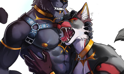 abs anthro bdsm bodily_fluids breast_play breasts collar dominant dominant_male duo fangs fangs_bared forced gold_(metal) gold_jewelry gold_necklace harness jewelry leash leash_pull leashed_collar leather leather_harness male male/male muscular muscular_male necklace pecs saliva saliva_string smile smirk snout submissive submissive_male teeth tongue tongue_out satana25 hapi_(psychoh13) nomsi_(character) felid feline mammal 5:3 hi_res