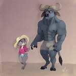 1:1 age_difference anthro bottomwear bovid bovine bulge cape_buffalo chief_bogo clothed clothing cloven_hooves dewclaw_hooves digitigrade disney duo eye_scar facial_scar female floppy_ears fur grey_body grey_fur hand_holding hat headgear headwear hi_res holding_finger hooves horn interspecies judy_hopps lagomorph leporid long_ears looking_at_another love male male/female mammal multicolored_body multicolored_fur muscular muscular_male navel notched_ear orange_eyes pecs purple_eyes rabbit romantic romantic_couple scar shorts size_difference skimpy smile story story_in_description sun_hat tail_fluff tail_puff unguligrade white_body white_fur wrenchthrower zootopia