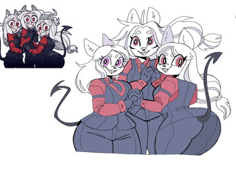 alternative_fashion anthro big_breasts black_clothing breasts clothed clothing crossdressing eyelashes fangs female fur group hair j-fashion long_hair looking_at_viewer open_mouth ouji_(fashion) pink_eyes purple_eyes red_clothing red_eyes simple_background smile spade_tail tail teeth topwear white_body white_fur white_hair puppkittyfan1 helltaker cerberus_(helltaker) animal_humanoid canid canid_humanoid canine canine_humanoid demon humanoid mammal mammal_humanoid 4:3 digital_media_(artwork) hi_res