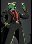 anthro card clothing low-angle_view male necktie playing_card smile smirk solo suit suit_jacket numijulie mythology celadon_vian dragon mythological_creature mythological_scalie reptile scalie hi_res