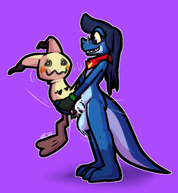 4_fingers anthro anthro_penetrating balls barely_visible_genitalia barely_visible_vulva blue_balls blue_body blue_hair blue_penis blue_scales blush bodily_fluids bouncing_balls clothing cum cum_inside cum_on_penis cum_splatter erection eyewear female female_penetrated fingers genital_fluids genitals glasses gloves green_clothing green_gloves green_handwear grey_eyewear grey_glasses grin hair handwear heart_eyes heart_symbol kerchief larger_anthro larger_male male male/female male_penetrating male_penetrating_female mostly_nude motion_lines penetration penis pupils purple_background purple_eyes purple_pupils red_kerchief scales sex sharp_teeth simple_background size_difference smaller_female smaller_penetrated smile stand_and_carry_position standing standing_sex teeth thrusting vulva yellow_kerchief yellow_sclera ultilix nintendo pokemon ulti_(ultilix) generation_7_pokemon lizard mimikyu pokemon_(species) reptile scalie 2025