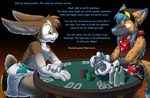 anthro blue_hair canid canine catmonkshiro clean_diaper clothed clothing dialogue diaper diaper_only digital_drawing_(artwork) digital_media_(artwork) duo english_text fox fur hair hybrid hyena hyox lagomorph laxative laxatives leporid male mammal markings pantsless poker poker_cards poker_chip poker_table rabbit simple_background sitting spots spotted_body spotted_fur text tokky topless wearing_diaper white_diaper