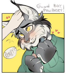 anthro blush bodily_fluids clothed clothing dialogue ear_tuft fingers frown fur green_clothing green_topwear grey_body grey_fur headpat heart_symbol looking_up male open_mouth petting shirt simple_background smile solo speech_bubble sweat sweater teeth text topwear tuft turtleneck whiskers yellow_eyes zenko0 disney zootopia pawbert_lynxley canada_lynx felid feline lynx mammal digital_drawing_(artwork) digital_media_(artwork) english_text flat_colors hi_res
