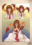 2016 absurd_res arachnid arthropod blush breasts brown_hair clothing comic exoskeleton eyewear female glasses hair hi_res human long_hair mammal minori multi_limb necktie nipples open_mouth pedipalps pseudoscorpion shirt shrinking size_transformation solo species_transformation surprise topwear transformation what witchfiend