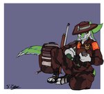 4_ears anthro backpack clothed clothing feet footwear gun hat headgear headwear holding_object male multi_ear ranged_weapon simple_background smile solo tail toes weapon sjey_arts project_silverfish rhaaka_avali avali avian digital_media_(artwork) hi_res