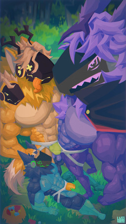 anthro ball_grab balls bulge cape clothed clothing forest forest_background genitals grass group hand_on_head high-angle_view holidays horn imminent_sex jockstrap jockstrap_only leaning leaning_backward looking_at_viewer machine male male/male multi_head multicolored_body muscular nature nature_background neck_tuft plant pressing_against sitting sitting_on_ground smile smirk spiral spiral_eyes tongue tongue_out topless tree trio tuft underwear underwear_only naevus halloween pel_(character) humanoid protogen 4k 9:16 absurd_res full-length_portrait hi_res portrait