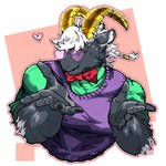 anthro black_body black_fur bow_tie braided_hair clothing eyes_closed fur hair heart_sunglasses heart_symbol horn male muscular muscular_anthro muscular_male smile solo topwear vest white_hair pyc6zncwf9uvnpf lifewonders tokyo_afterschool_summoners tanngrisnir_(tas) bovid caprine goat mammal 1:1 hi_res