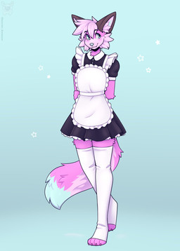 4_toes anthro black_eyebrows blue_eyes blue_nose blush claws clothed clothing crossdressing eyebrows feet fur hair hands_behind_back inner_ear_fluff legwear looking_away maid_apron maid_uniform male paws pink_body pink_claws pink_fur pink_hair short_hair simple_background solo stockings tail toes tuft uniform white_clothing white_legwear white_stockings fleurfurr canid canine fox mammal colored digital_drawing_(artwork) digital_media_(artwork) hi_res shaded