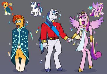 5_fingers anthro anthrofied beard blue_eyes blue_hair cape clothed clothing crown duo ears_up eyewear facial_hair female fingers glasses grey_background group hair hand_holding headgear horn male mane multicolored_body multicolored_hair orange_body orange_hair pink_body pink_eyes simple_background solo tail trio white_body wings dirtygum friendship_is_magic hasbro my_little_pony mythology princess_cadance_(mlp) shining_armor_(mlp) sunburst_(mlp) equid equine mammal mythological_creature mythological_equine unicorn winged_unicorn hi_res