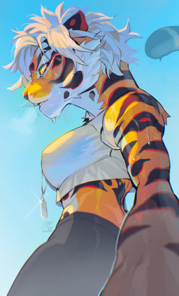 athletic athletic_female bodily_fluids bottomwear breasts clothing crop_top dog_tags female hair pants shirt short_hair side_view simple_background solo sweat sweatdrop topwear white_hair yellow_eyes majinbanzai felid mammal pantherine tiger absurd_res hi_res watermark
