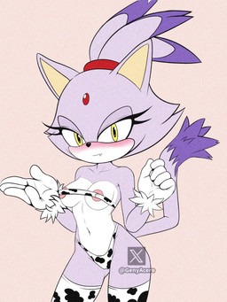 animal_print anthro areola blush breasts camel_toe clothing cow_print fangs female fur gloves handwear legwear looking_at_viewer medium_breasts navel nipple_outline panties pink_areola pink_background purple_body purple_fur simple_background smile solo tail teeth thigh_highs topwear underwear yellow_eyes genyacero sega sonic_the_hedgehog_(series) blaze_the_cat domestic_cat felid feline felis mammal 2026 digital_media_(artwork) hi_res